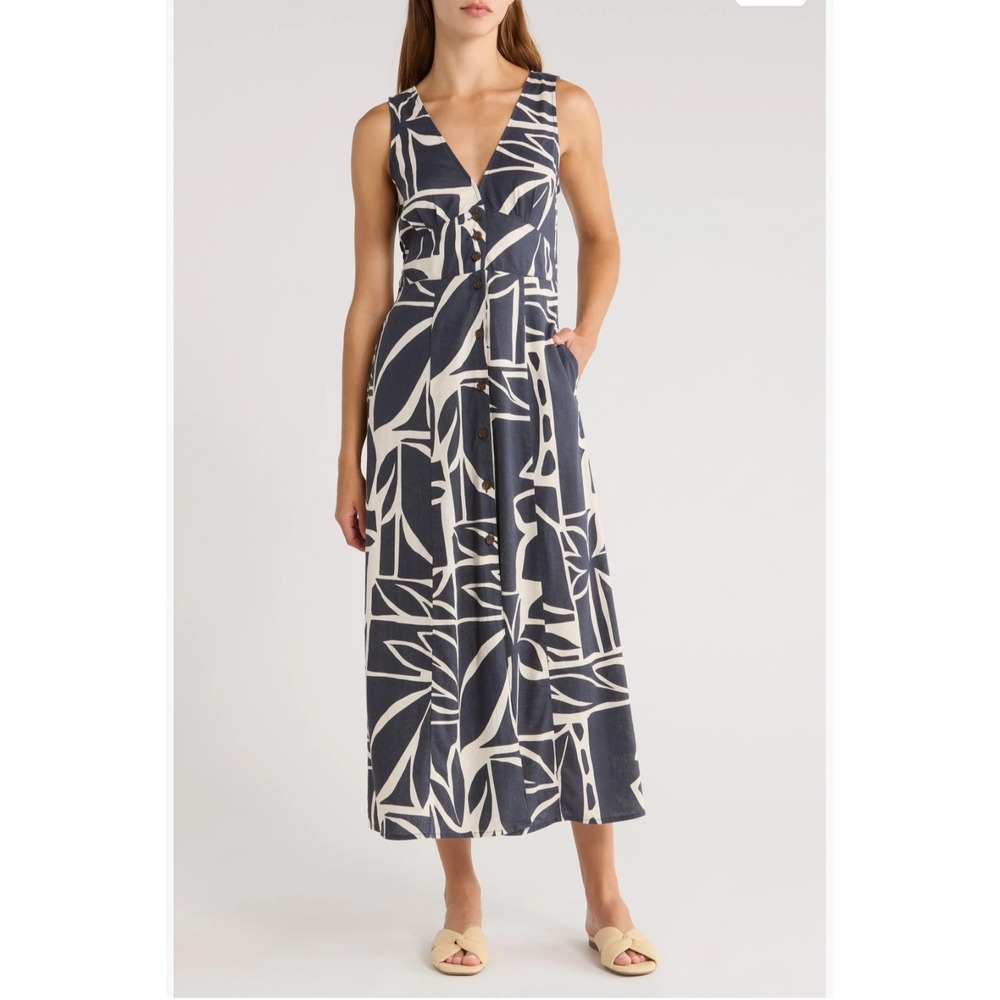 Marine Layer Camilla Floral HempBlack White Cottage Resort Boho Maxi Dress sz S